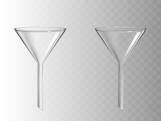 Glass funnel, glassware for chemical laboratory isolated on transparent background, filter instrument for liquids filtration, medical science lab equipment. Realistic 3d vector illustration, clip art