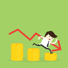 Business run down ftom money coin with Graph down vector flat illustration,fail concept