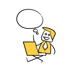 businessman sitting with laptop and speech bubble yellow stick figure theme