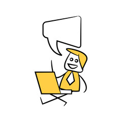 businessman sitting with laptop and speech bubble yellow stick figure theme