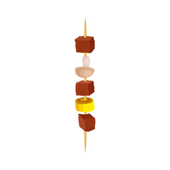 Cubes of meat with mushrooms and corn on a skewer. Vector illustration on white background.