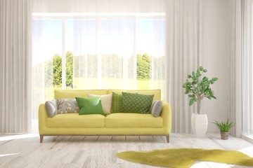 Fototapeta premium Stylish room in white color with sofa and summer landscape in window. Scandinavian interior design. 3D illustration