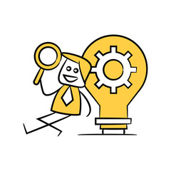 businessman holding magnifier glass and sitting next to light bulb gear yellow stick figure theme