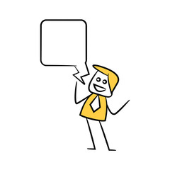 businessman with speech bubble yellow stick figure theme