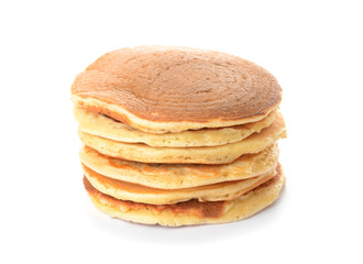 Stack of tasty pancakes on white background