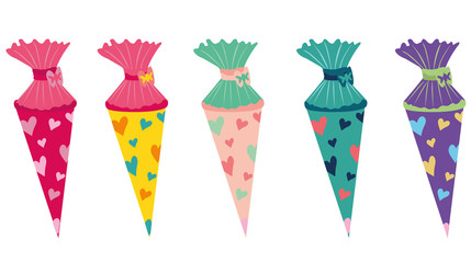 Schultüte - School cone vector illustration decorated with hearts, colorful