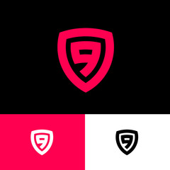 Red number 9 in the shield. Number 9 monogram in the shield on different backgrounds. Emblem of antivirus or protection system. 