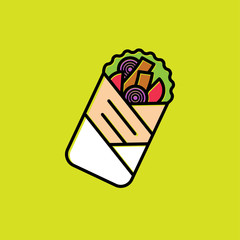 Doner logo. Doner kebab icon. Wrapping Sandwich with vegetables in pita bread. Fast food and street food icon.