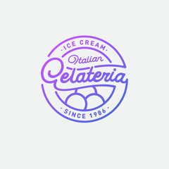 Italian ice cream logo.  Gelateria emblem and sign. Italian ice cream emblem. Some scoops of ice cream  and lettering in a circle.