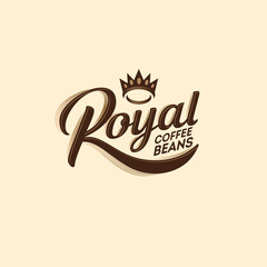 Royal coffee bean logo.  Coffee store or cafe logo.  Calligraphy composition with crown. Letters with decorative elements and crown.