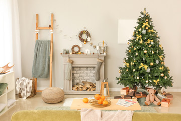 Interior of beautiful living room decorated for Christmas
