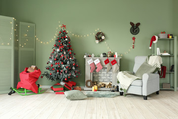 Interior of beautiful room decorated for Christmas