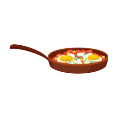 Pan with fried eggs. Vector illustration on white background.