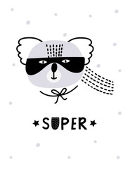 Baby print with koala, super hero. Hand drawn vector illustration for poster, card, label, banner, flyer, baby wear, kids room decoration. Scandinavian style.