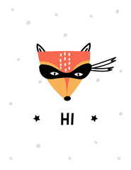 Baby print with fox, super hero. Hand drawn vector illustration for poster, card, label, banner, flyer, baby wear, kids room decoration. Scandinavian style