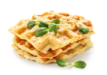 Tasty squash waffles on white background