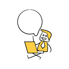 businessman sitting with laptop and speech bubble yellow stick figure theme
