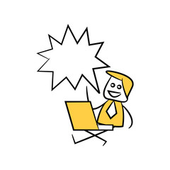 businessman sitting with laptop and speech bubble yellow stick figure theme