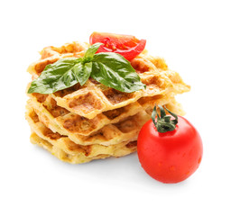 Tasty squash waffles with tomato on white background