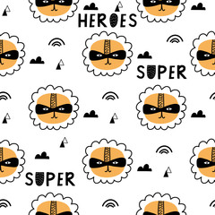 Seamless childish pattern with cute animals superheroes. Kids design for fabric, wrapping, textile, wallpaper, apparel. Vector illustration.