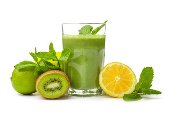 Glass of healthy smoothie and ingredients on white background