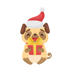 Cute pug in a Christmas hat. Vector illustration on white background.