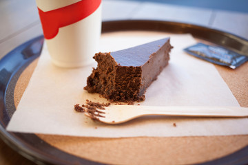 chocolate cheesecake and coffee, street caffee