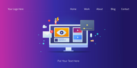 Video marketing, digital content management, video player, live streaming, web promotion concept with icons and text.