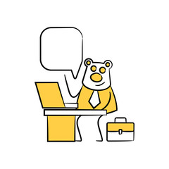 bear worker, businessman sitting and working with laptop speech bubble yellow stick figure