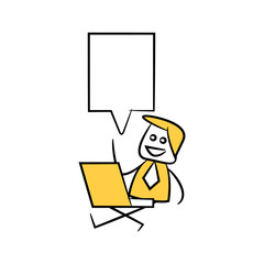 Fototapeta na wymiar businessman sitting with laptop and speech bubble yellow stick figure theme