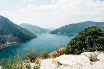 Fototapeta na wymiar Beautiful view of the Bay of Kotor in Montenegro. Natural landscape with mountains and sea.