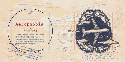 Obraz premium Aerophobia. Fear of flying phobia. Human brain and airplane. Psychological vector illustration. Psychotherapy and psychiatry. Medieval medicine manuscript