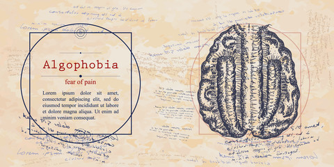 Algophobia. Fear of pain phobia. Psychological vector illustration. Human brain and cactus. Psychotherapy and psychiatry. Medieval medicine manuscript