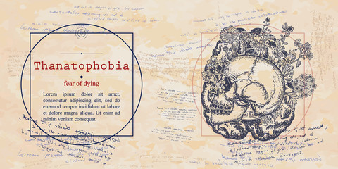 Fototapeta na wymiar Thanatophobia. Fear of dying phobia. Human skull and brain. Psychological vector illustration. Psychotherapy and psychiatry. Medieval medicine manuscript