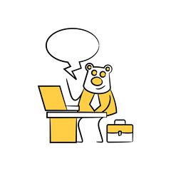 bear worker, businessman sitting and working with laptop speech bubble yellow stick figure