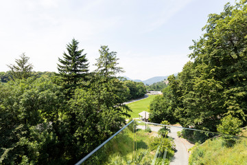 Fototapeta na wymiar Outside balcony with a view of nature and greenery in Switzerland