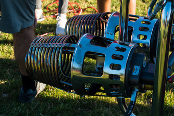 Metal spiral details of hot air balloon engine. Closeup of big iron burner 