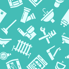 Plumbing service vector seamless pattern with flat silhouette icons of house bathroom equipment, faucet, toilet, washing machine, dishwasher. Plumber repair illustration, signs for handyman services