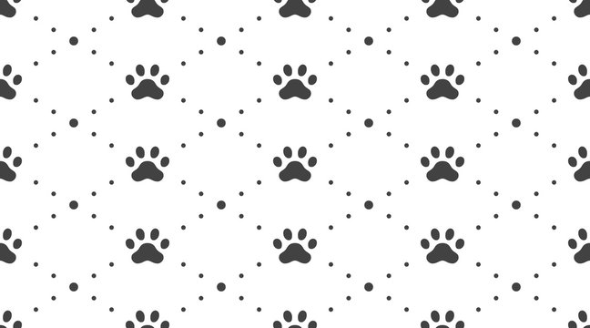 Animal tracks vector seamless pattern with flat icons. Black white color pet paw texture. Dog, cat footprint background, abstract foot print silhouette wallpaper for veterinary clinic
