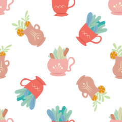 Seamless flat pattern with cups of tea with foliage, lemon and cinnamon on white background. Mugs with summer ingredients. Vector texture for wallpapers, baby fabrics and your creativity