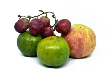 orange, grapes and apple group isolated on white background. Horizontal composition for package design