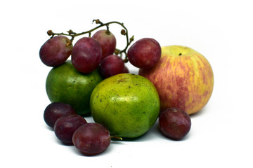 orange, grapes and apple group isolated on white background. Horizontal composition for package design