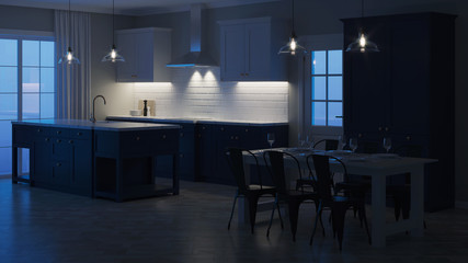 Modern house interior. Night. Evening lighting. 3D rendering.