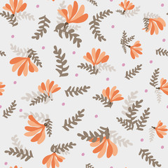 A seamless vector pattern with orange flowers and leaves on light background. Surface print design.