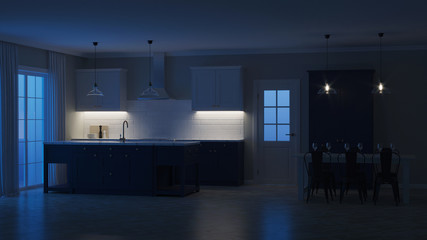 Modern house interior. Night. Evening lighting. 3D rendering.
