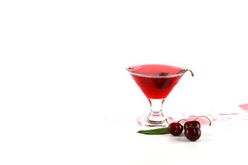 elegant cocktail fresh red cherry white background