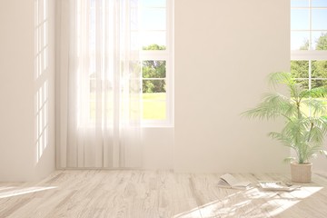 Stylish empty room in white color with summer landscape in window. Scandinavian interior design. 3D illustration