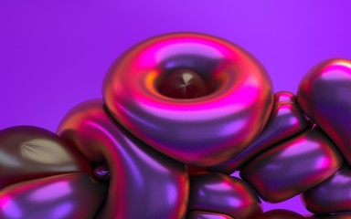 3d rendering abstraction in pink purple neon light with glossy reflection. Computer generated illustration of soft liquid shapes. Holographic iridescent effect background. Metallic textured surface
