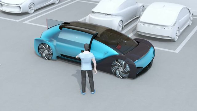Man using smartphone to remote control car parking. Self parking system concept. 3D rendering animation.