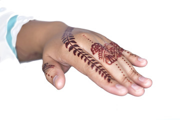 Woman Hands with black mehndi tattoo. Hands of Indian bride girl with black henna tattoos. Hand...